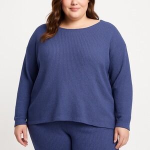 Aerie Womens Blue Waffle KnitCrew Neck Oversized Lounge Pajama Top‎ Shirt XXL